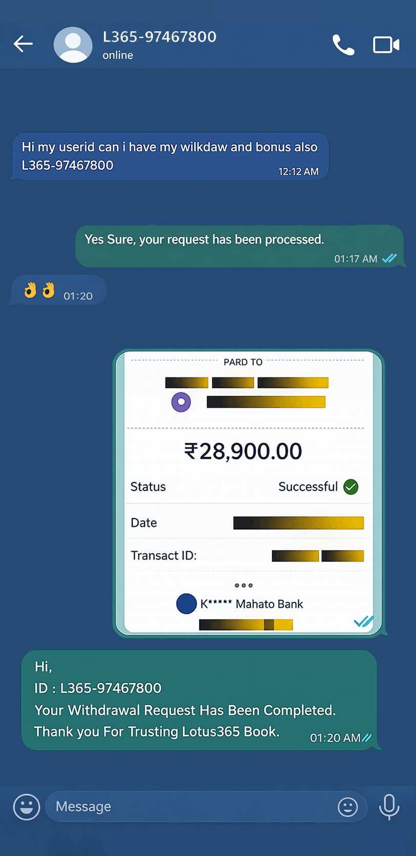 Customer WhatsApp chat showing satisfaction with payment speed