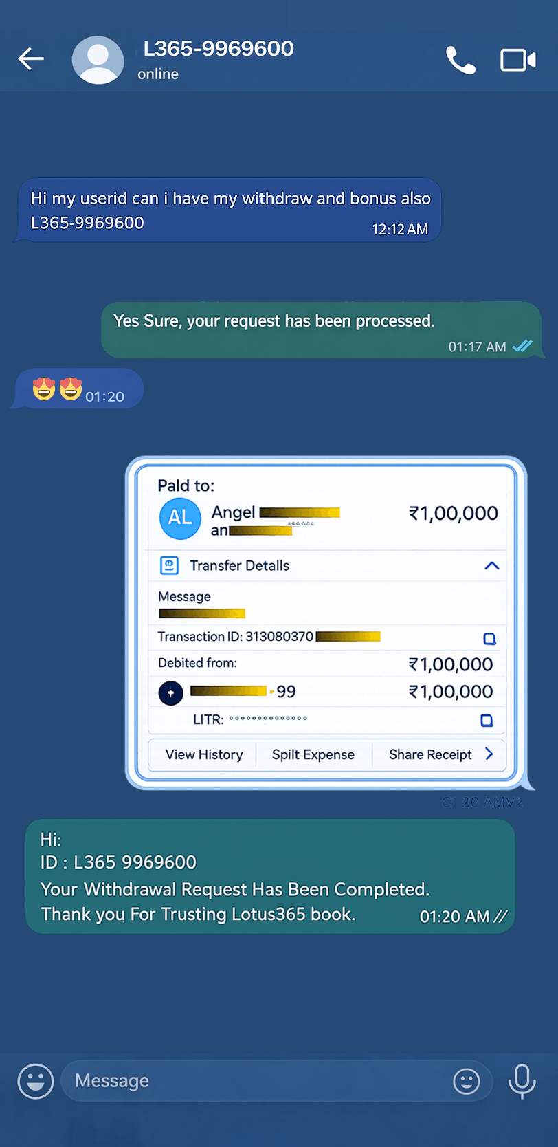 User WhatsApp review about winning experience and smooth withdrawals
